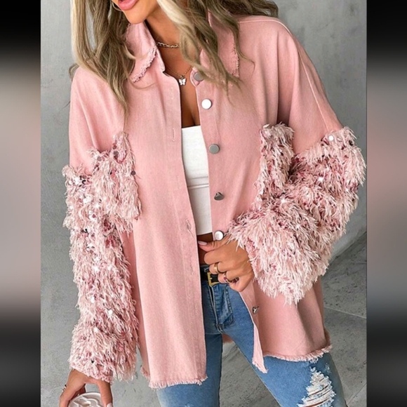 Spring & Fall Turn-Down Collar Contrast Sequin Raw Hem Button Front Shack - Picture 6 of 6